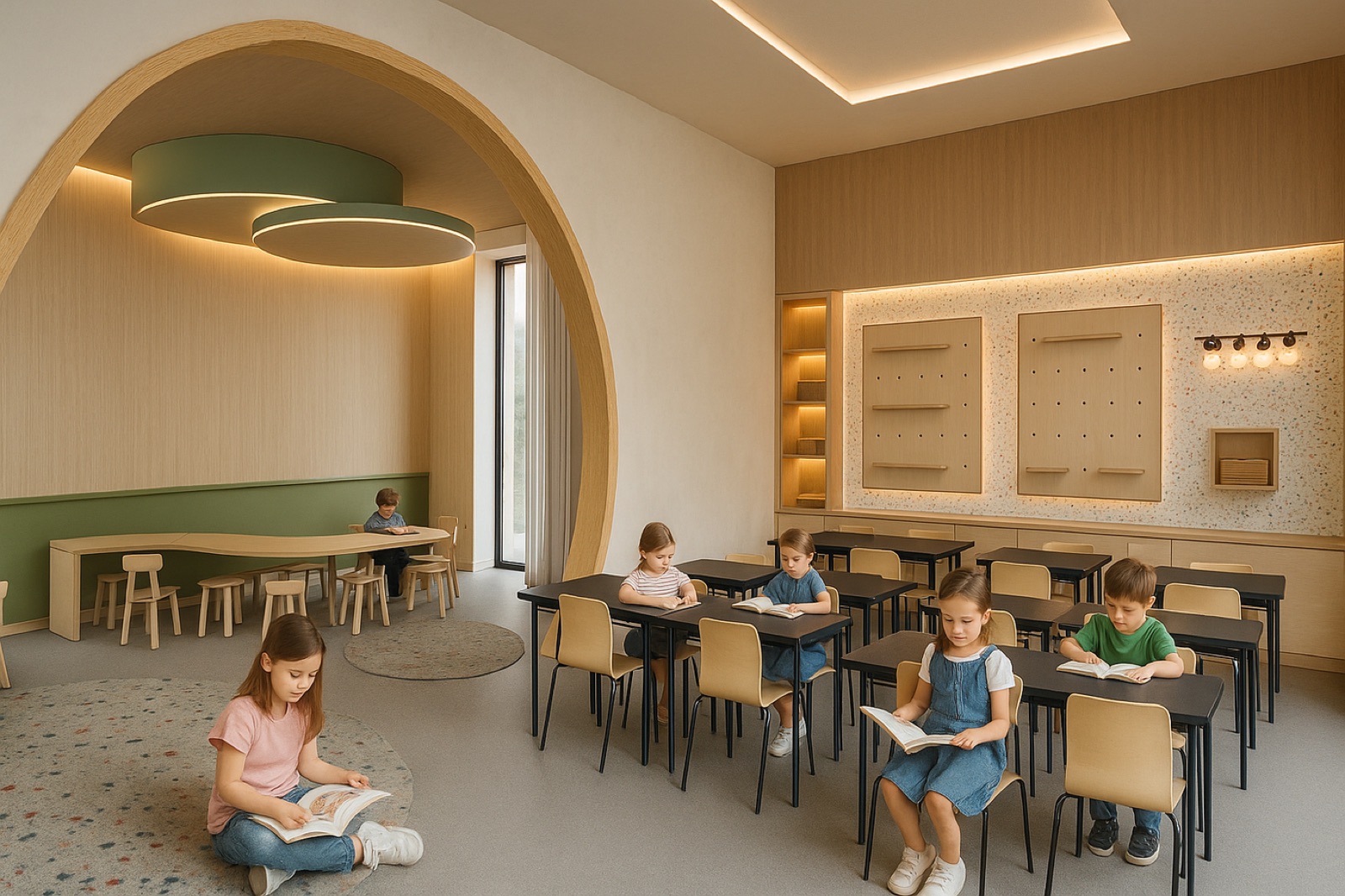 Hearts Elementary School — classroom with a curved wooden ceiling and reading nook.