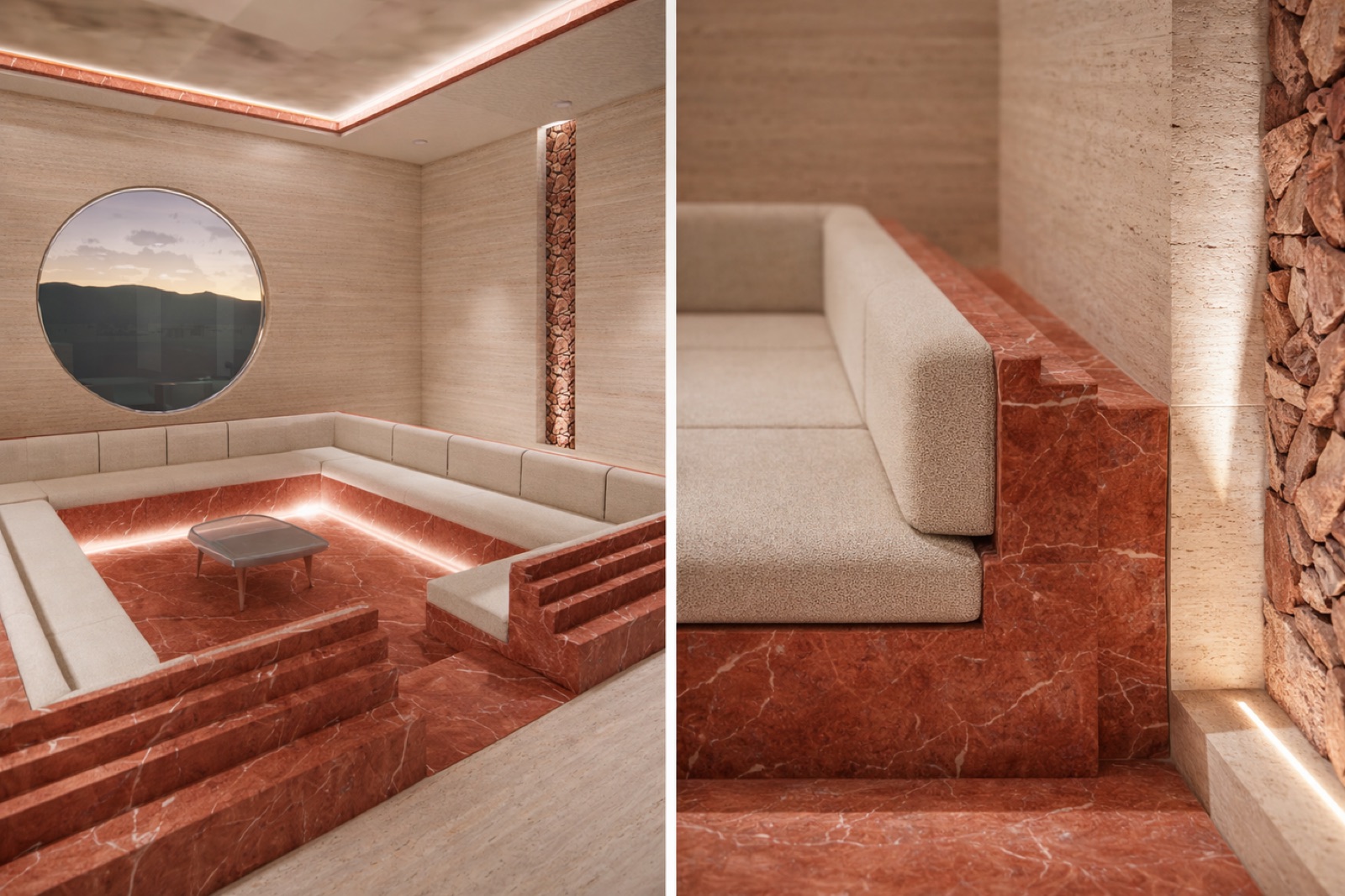 Oculus Lounge — detail of the red marble and ivory bouclé.